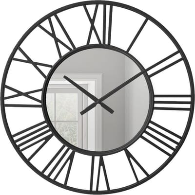 LW Collection Wandklok zwart spiegelklok 60cm - Industriële zwarte wandklok met spiegel - Grote moderne wandklok zwart - Stil uurwerk spiegel klok