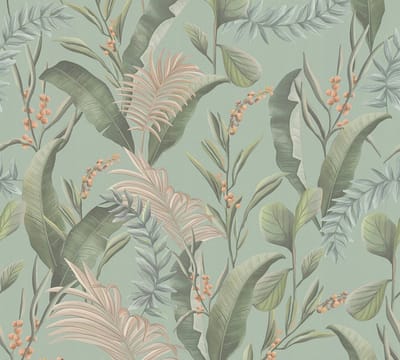 BLADEREN EN BLOEMEN BEHANG | Junglestijl - Blauw Groen Beige Roze - Living Walls Drawn Into Nature