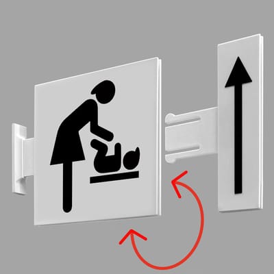 Toilet WC-bordje babyverzorging – dubbelzijdig uithangbord – flag sign – met klikbare pijl – wand of plafond – 15 × 15 cm – 3D-geprint