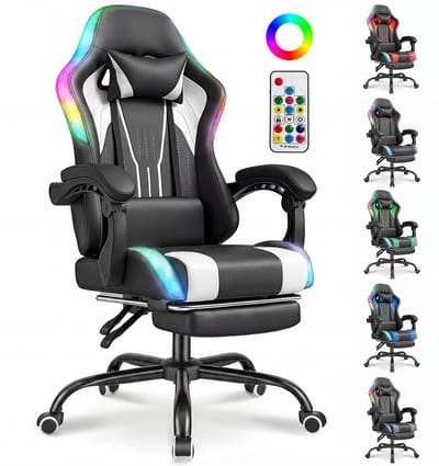 Devoko Game Stoel met ledverlichting-Ergonomische Gamestoel-Gaming chair met voetensteun-Bureaustoel met hoofdsteun en lendensteun-Zwart Wit