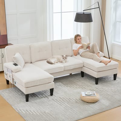 Moderne U-vormige bank voor 4 personen met dubbele chaise longue – bekleed met zacht corduroy, voorzien van comfortabele vulling, een moderne rugleuning en een stevige constructie. Perfect voor elke woonkamer. Beige