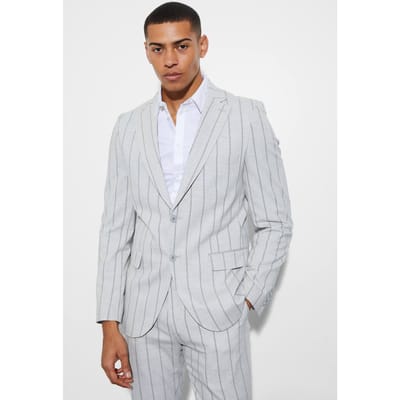 Slim Single Breasted Striped Suit Jacket | Light Grey | Size 48