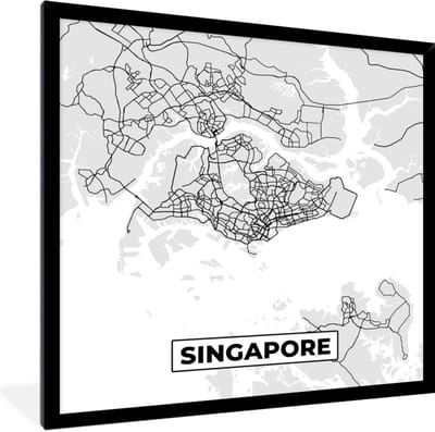 Fotolijst incl. Poster Zwart Wit- Singapore - Plattegrond - Stadskaart - Zwart Wit - Kaart - 40x40 cm - Posterlijst