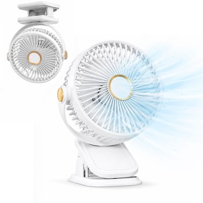 Ulisem - USB Oplaadbare Clip Bureau Ventilator met Lamp – 800mAh – 5 Snelheden – Draagbare Mini Ventilator met Klem – Stil – Voor Bureau, Thuis, Reizen, Outdoor – wit