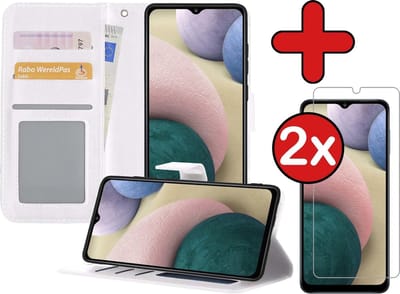 Hoesje - Met 2x Screenprotector - Geschikt voor Samsung Galaxy A12 - Luxe Pasjeshouder - Flip Case - Bookcase Portemonee - Kunstleer Book Case - Flipcase Hoes - Book Cover - Walletcase - Portemonneehoes - Telefoonhoes - Wit