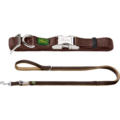 Dubbelpak: Hunter Trainingsleine Neopren Braun/Karamell Führleine Neopren + Halsband Vario Basic Alu-Strong L Hund