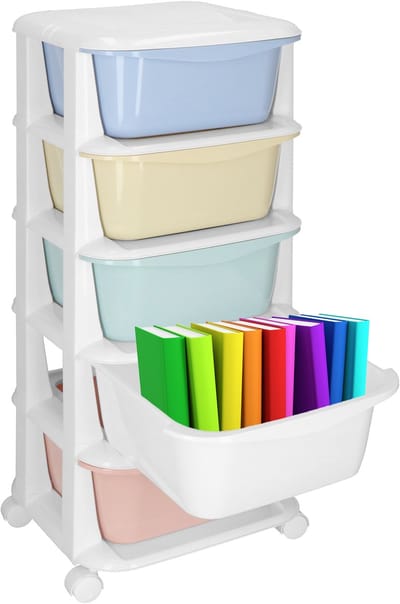 Springos Ladekast | Ladesysteem | Speelgoedkist | Ladeblok | Opbergkast | Met 5 Laden | Op Wielen | Kunststof | Pastel
