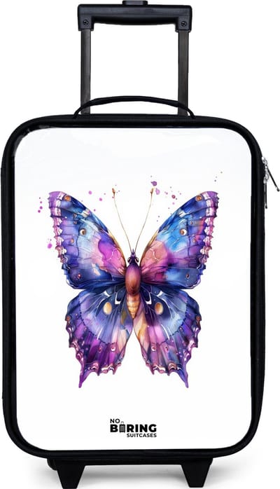 NoBoringSuitcases.com® - Kinderkoffer jongen - Kindertrolley meisje - Paarse prachtvlinder - Koffer kind lichtgewicht - Reiskoffer trolley voor kinderen - Koffertje met lichtgevende wieltjes - Rolkoffer zwart