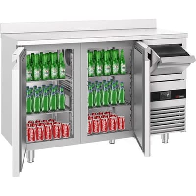 GGM Gastro Bar- & Getränkekühltisch PREMIUM - 1580x600mm - mit 2 Türen, Aufkantung & Ausklopfer für Kaffee Zilver