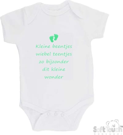 100% katoenen Romper "Kleine beentjes Wiebel teentjes Zo bijzonder Dit kleine wonder" Unisex Katoen Wit/mint Maat 62/68