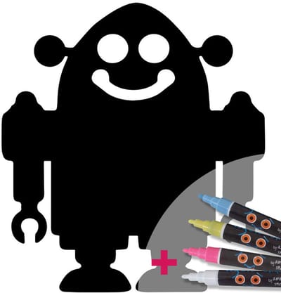 Schoolbordsticker - Uitwisbare zelfklevende muurstickers - ROBOT + 4 VLOEIBARE KRIJTJES - 30x25cm
