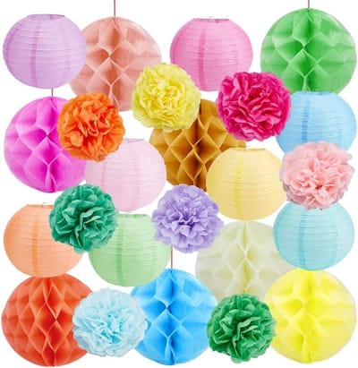 24 Stuks Gemengde Kleur Papieren Bloemen Tissue Pom Poms, Rond Lantern Versiering voor Feesten en Evenementen, Wand- en Plafonddecoratie
