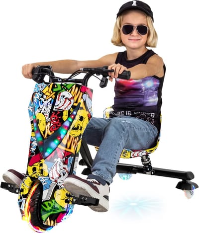Play-on - Elektrische Drift Trike - Gele Graffiti - incl. Bluetooth speakers, LED-Verlichting - 15/20KM/H - DriftTrike -