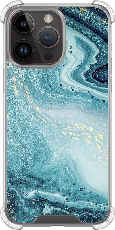 Shockproof hoesje - Geschikt voor iPhone 14 Pro Max - Marmer blauw - Extra sterke case - TPU/polycarbonaat - Marmer - Blauw, Transparant