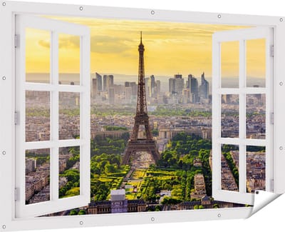 Gards Tuinposter Doorkijk Skyline van Parijs met de Eiffeltoren - 180x120 cm - Tuindoek - Tuindecoratie - Wanddecoratie buiten - Tuinschilderij