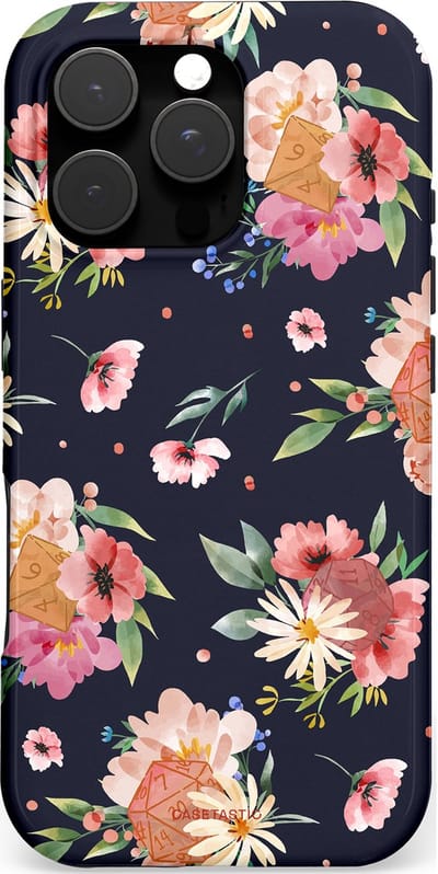 Casetastic hoesje geschikt voor Apple iPhone 16 Pro - MagSafe - Dubbellaagse bescherming - Bloemenkracht met D20 - Fashion Case - Zwart Perzik Zand Grijs