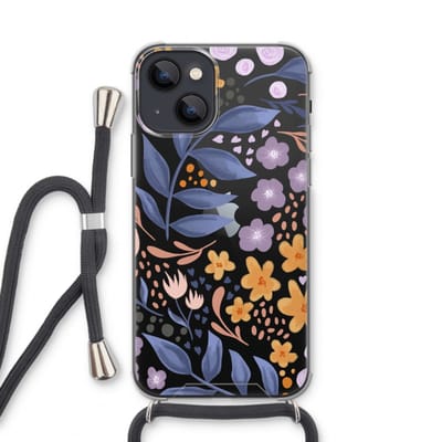 Case Company® - Hoesje met koord geschikt voor iPhone 13 mini hoesje met Koord - Flowers with blue leaves - Telefoonhoesje met Zwart Koord - Bescherming aan alle Kanten en Over de Schermrand