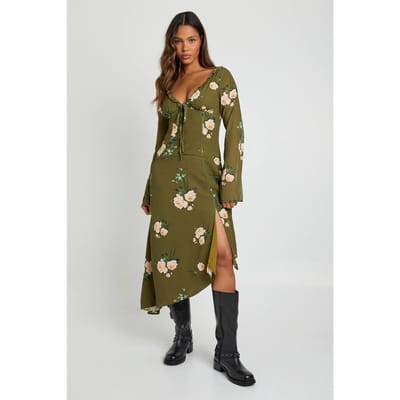 boohoo Dames Bloemige asymmetrische midaxi-jurk met uitlopende mouwen | Green | Maat: 8