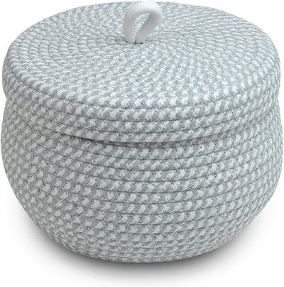 Mand met deksel, katoenen touw, 23 x 17 cm, opbergmand met deksel, gevlochten mand voor woonkamer, katoenen touw, mandje, gevlochten voor planten, snacks, handdoeken, garen, speelgoedmand (grijs)