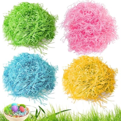 Kleurige gescheurde papier voor decoratie – 4 kleuren (geel, groen, roze, blauw) – Ideaal voor cadeaus, manden en paasdecoraties – 50g per kleur