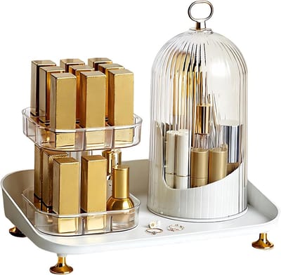 360 Graden Draaibare Makeup Organizer, Cosmetica Organizer, 2-in-1, Stofdichte Organizer voor Make-up Penselen en Lippenstiften, Ruimtebesparend en Handig