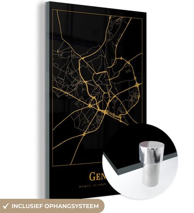 MuchoWow® Glasschilderij 40x60 cm - Schilderij acrylglas - Kaart - Gent - België - Goud - Zwart - Foto op glas - Schilderijen