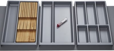 Orga-Box Vario SET 2 zilvergrijs voor lade van 120 mm: multifunctioneel inzetstuk, messenhouder, multifunctioneel inzetstuk, bestekbak, antislipmat Orga-Weave
