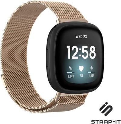Strap-it Luxe Milanese band - Milanees bandje geschikt voor Fitbit Versa 3 / Fitbit Sense - champagne - Maat: Maat S