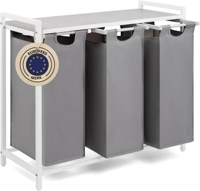REN® Wasmand 3 Vakken - Wasmand - Wassorteerder - Wasmand Met Deksel - Grijs/Wit - 36cm x 86cm x 73cm