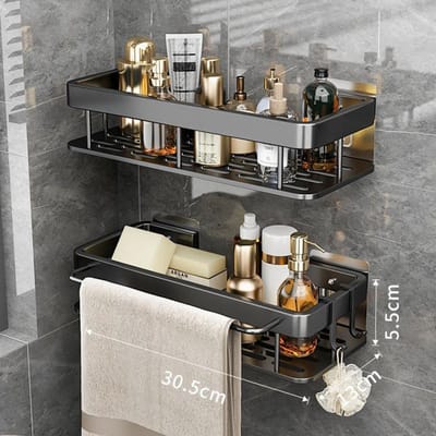 Étagères de salle de bain sans perçage Étagère murale de douche en aluminium antirouille Porte-serviettes de shampoing Organisateur de salle de bain Accessoire black