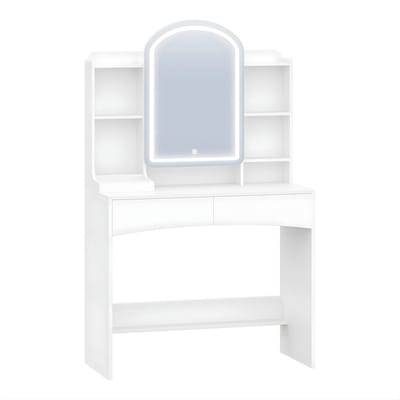Kaptafel – Voor Slaapkamer & Dressing – Met Ronde Spiegel, LED-Verlichting en Verborgen Sieradenplank – Wit