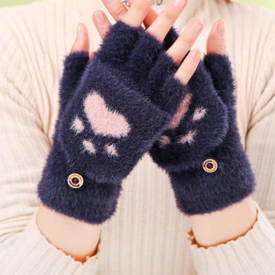 Dikke, warme dameshandschoenen met kattenpootmotief, modieuze pluche wanten voor meisjes met kattenpootjes, zachte pluche korte winterhandschoenen met halve vingers marineblauwe kleur