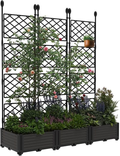 3-delige Plantenbak met Klimrek - Verhoogde Moestuinbak met Privacy Scherm - 125x41x160 cm - Weerbestendig Kunststof - Voor Klimplanten, Balkon & Terras - Zwart