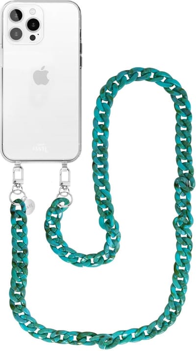 xoxo Wildhearts siliconen hoesje - Geschikt voor iPhone 12 Pro - Blue Ocean - Telefoonhoesje - Hoesje met koord - Blauw koord - lang telefoonkoord - Transparant hoesje (lange variant)