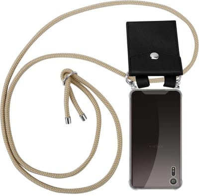 Cadorabo Hoesje geschikt voor Sony Xperia XZ / XZs in GLANZEND BRUIN - Silicone Mobiele telefoon ketting beschermhoes met zilveren ringen, koordriem en afneembaar etui
