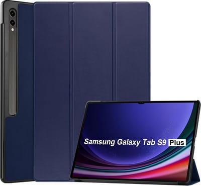 Hoes Geschikt voor Samsung Galaxy Tab S9 Plus / S9 FE Plus hoes tri-fold bookcase met auto/wake functie Donker Blauw - Tab S9 Plus / S9 FE Plus Hoes smart cover