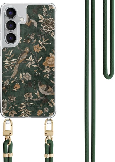 Telefoonhoesje met koord geschikt voor Samsung S25 FE - Khaki golden flowers - Inclusief Groen koord - Transparant, Groen - Vogel - Crossbody beschermhoes - Met Telefoonketting