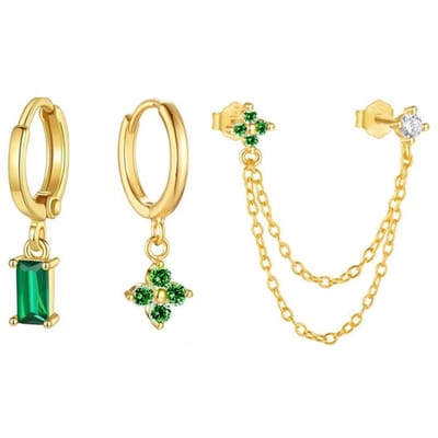 3PCS Nouvel Ensemble de Boucles d'Oreilles Créoles Fleur Quatre Zircons Pour Femmes Acier Inoxydable Double Puce Chaîne Pompon Huggie Bijoux de Piercing beige