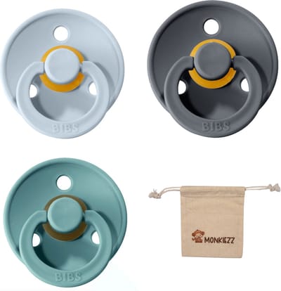 Bibs fopspeen | Met Monkiezz Speenzakje - maat 1 0-6 maanden - 3 stuks - Baby Blue - Iron -Island Sea