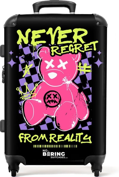 NoBoringSuitcases.com® - Koffer groot - Rolkoffer lichtgewicht - Slogan 'Never Regret' met teddybeer als graffiti - Reiskoffer met 4 wielen - Grote trolley XL - 20 kg bagage