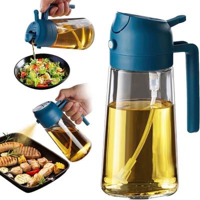 Famanu - Oliedispenser, oliefles, 2-in-1 dispenser en spray, voor olijfolie en azijn, 470 ml, BPA-vrij, voor de keuken, barbecue, salades (1 stuk, Marineblauw)