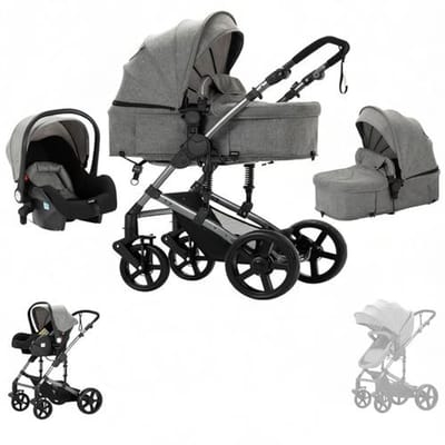 3-in-1 Kinderwagen, Hoge Zichtbaarheid, Opvouwbaar, Aluminium Frame, Reissysteem voor Baby's (Grijs)