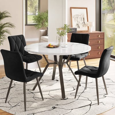 REDOM - 5-Delige Eethoek - Ronde Eettafel En 4 Ergonomische Stoelen - Modern - Eetkamer - MDF En Staal - Zwart/Wit