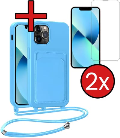 Hoesje Geschikt voor iPhone 13 Pro Hoesje Met Telefoonkoord en Pasjeshouder Met 2x Screenprotector Siliconen - Hoes Geschikt voor iPhone 13 Pro Hoesje Met Kaarthouder Case - Lichtblauw