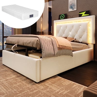 MEUNIQ gestoffeerd bed 90x200 cm met matras, LED-hoofdbord, USB en Type-C, hydraulische opbergruimte, lattenbodem, eenpersoons bed voor slaapkamer, beige