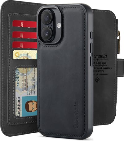 CaseMania Bookcase hoesje geschikt voor Apple iPhone 16 - Effen Zwart - Kunstleer - Portemonnee met 14 Vakjes voor Pasjes en Ritsvak
