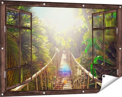 Gards Tuinposter Doorkijk Houten Brug in de Tropische Jungle - 120x80 cm - Tuindoek - Tuindecoratie - Wanddecoratie buiten - Tuinschilderij