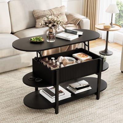 Moderne salontafel met liftfunctie - Woonkamertafel met veel opbergruimte - Hoogte 50-63 cm - Zwarte bijzettafel
