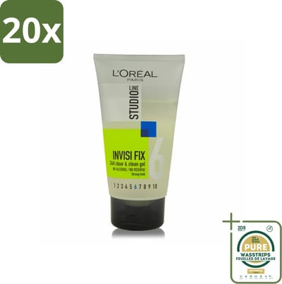 20 x L'Oréal Studio Line Invisi Fix 24H Clear & Clean Gel Strong 150 ml - Grootverpakking - 24 Uur Fixatie - Natuurlijke Look - Haar Fixatie - Gel Haar - Gezond Haar