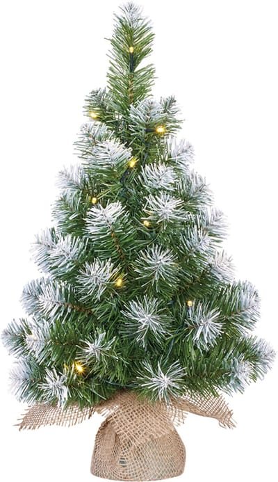 Mica Decorations Kunst kerstboom - kunstboom - in jute zak - met verlichting en sneeuw - 60 cm - Mini boompjes / kerstboompjes